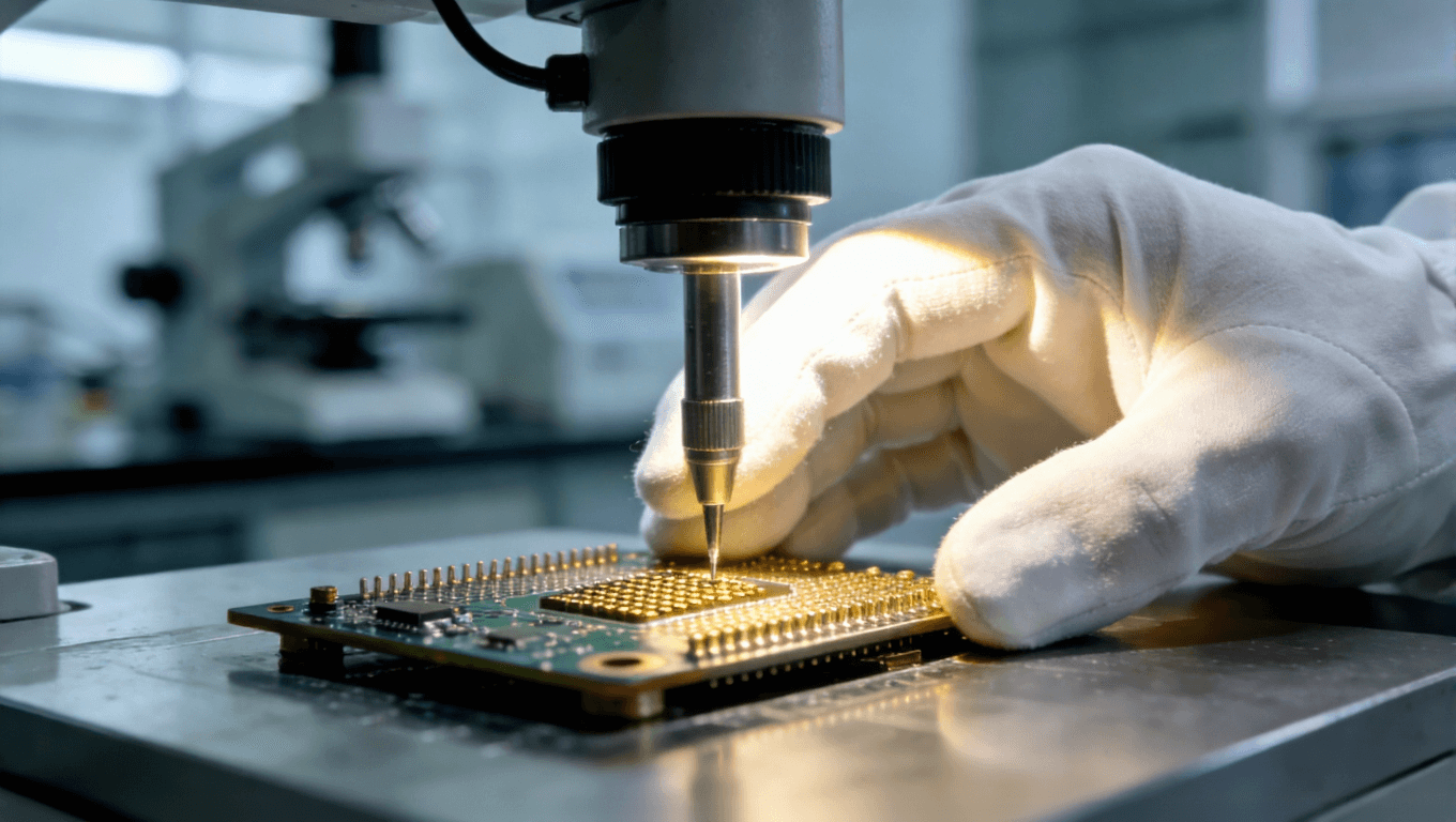 在電子制造實(shí)驗(yàn)室中，技術(shù)人員佩戴潔凈手套，使用精密儀器對(duì)沉金電路板焊盤進(jìn)行最終質(zhì)量檢測 