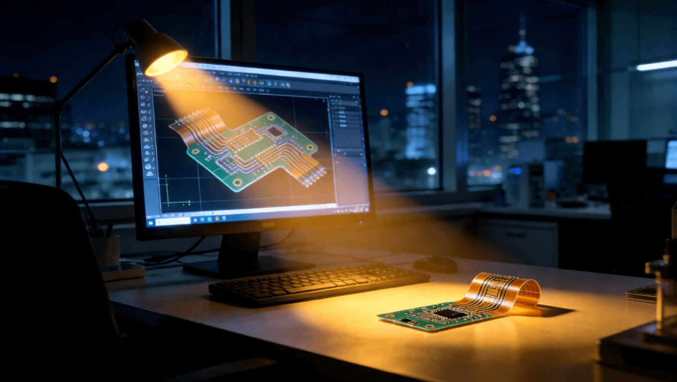 象征24小時技術(shù)支持的場景，超聲探頭柔性板設計方案與成品在深夜的研發(fā)中心被點亮