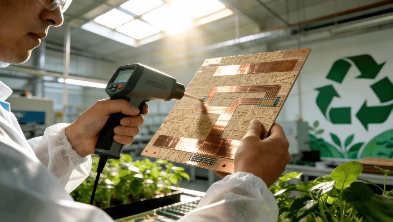 光模塊PCB綠色制造車間現(xiàn)場，突出環(huán)保材料與可持續(xù)工藝