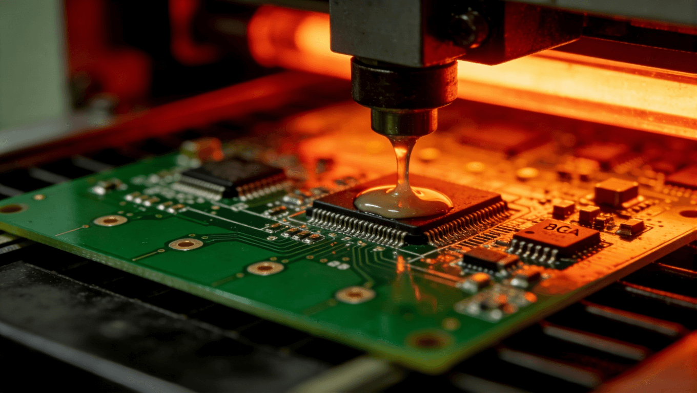 高頻電路板在回流焊爐中進行精密焊接過程特寫，展現(xiàn)溫度控制與焊點形成瞬間