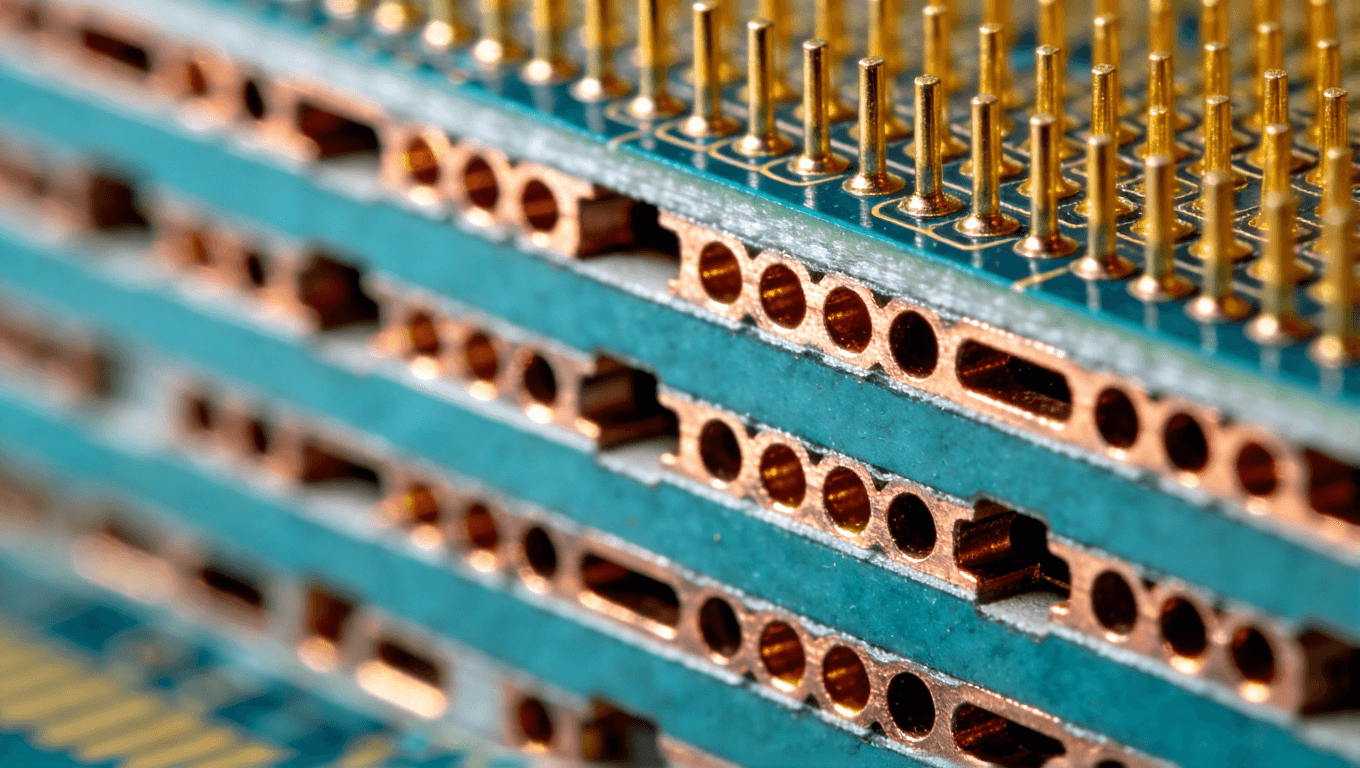 陶瓷電路板盲埋孔工藝的微觀截面示意圖，展示精密互連結(jié)構(gòu)