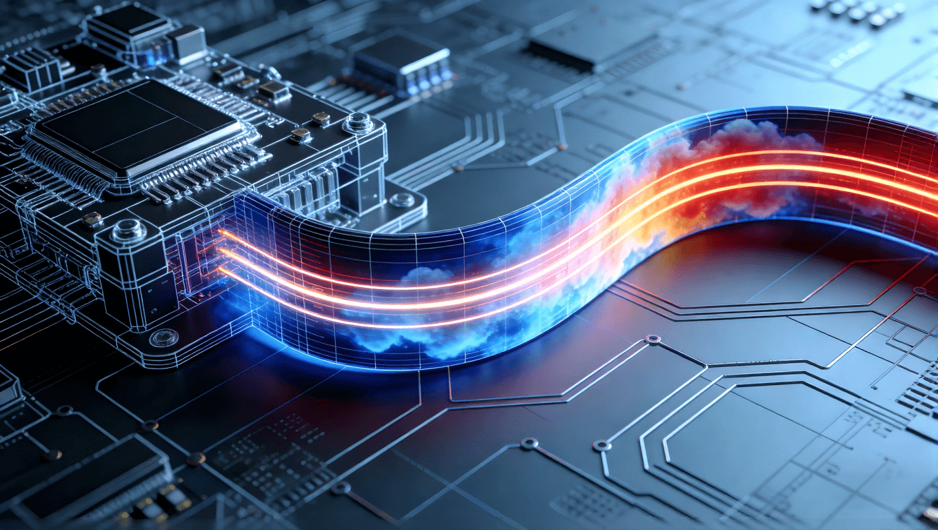 （從藍(lán)到紅）疊加顯示應(yīng)力分布的模擬云圖。幾條象征信號(hào)路徑的光帶沿著電路流動(dòng)，在彎曲部分保持穩(wěn)定亮度