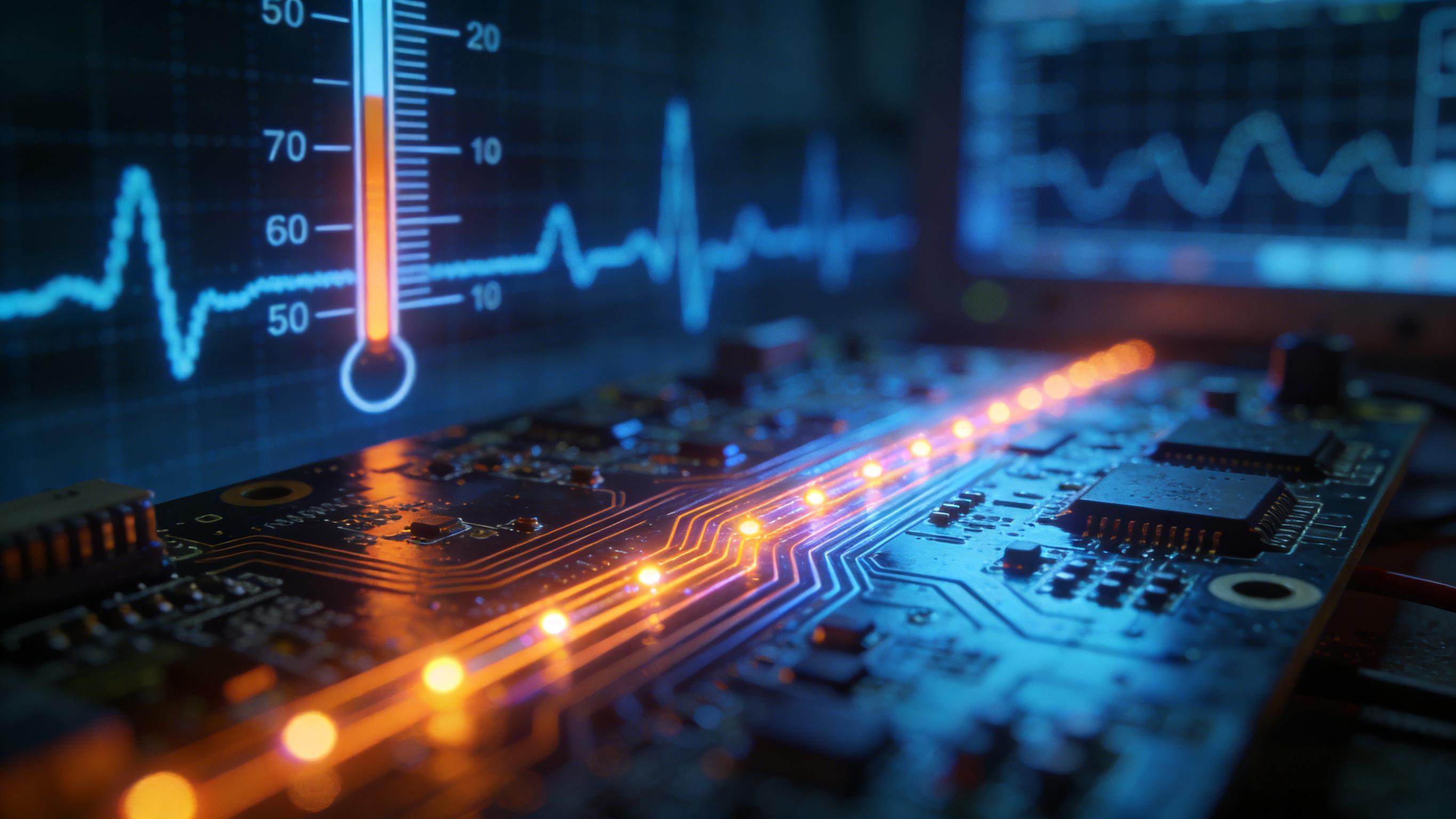 PCB熱循環(huán)測試場景可視化，冷暖光影交替表現(xiàn)溫度變化下信號穩(wěn)定性測試