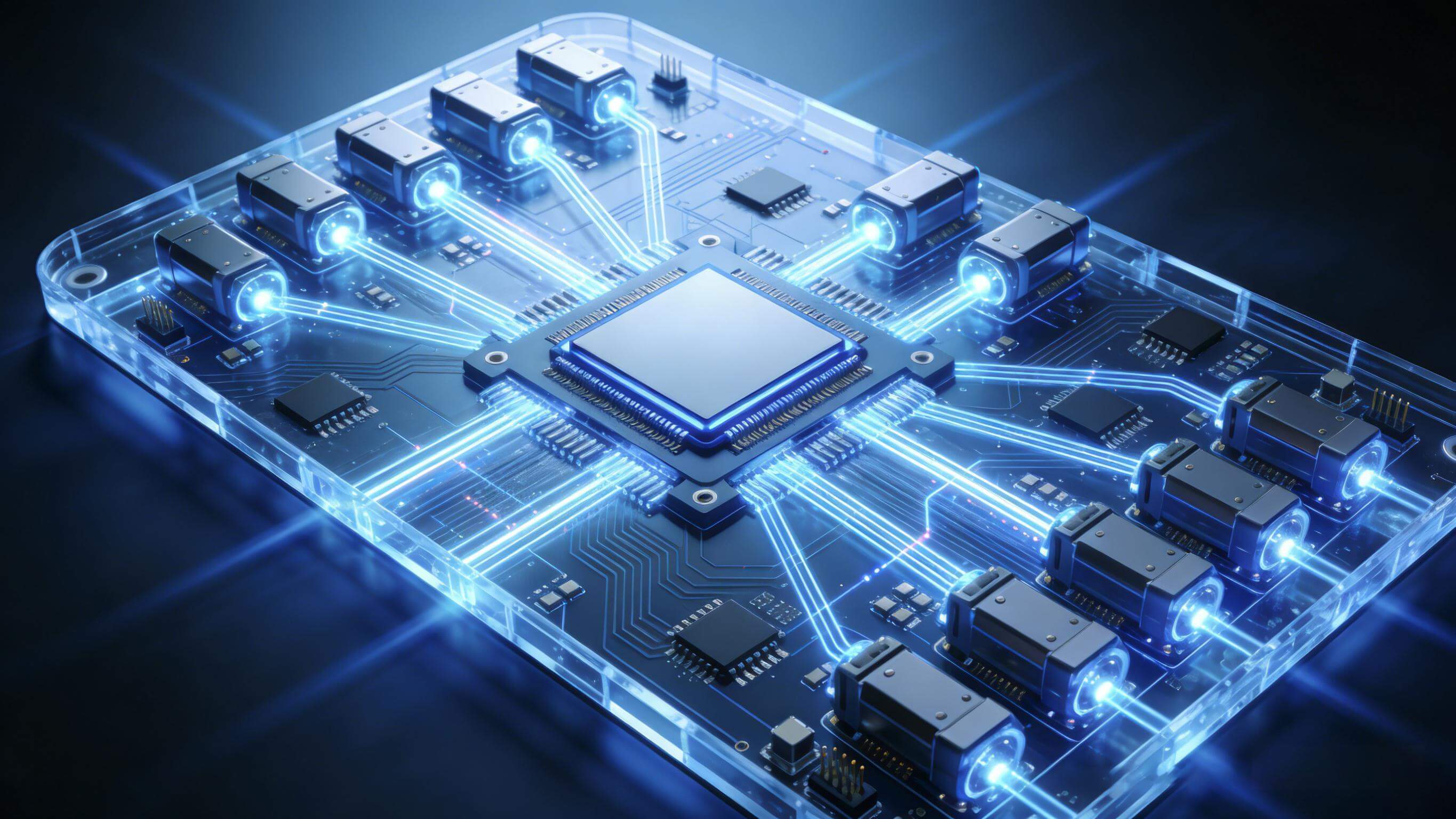 CPO共封裝光學未來數據中心交換機概念圖，先進基板集成交換芯片與光引擎