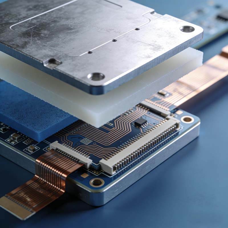 熱覆層PCB選型與設(shè)計：工程師工作臺上展示鋁基板與銅基板結(jié)構(gòu)細節(jié)，突出三層復(fù)合核心設(shè)計要素