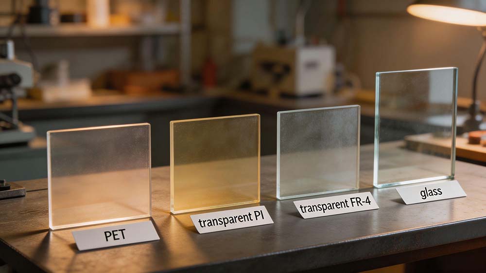 透明PCB基材對比：PET、透明PI、透明FR-4與玻璃基板透光效果并排展示